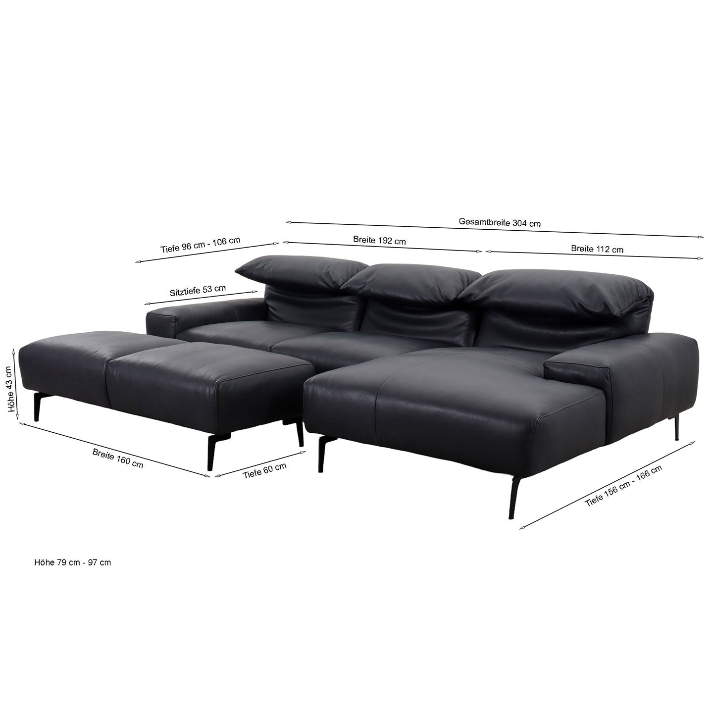 Ecksofa Esmara in Leder L180 schwarz